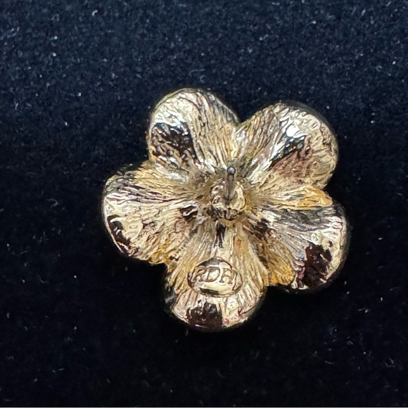 Earrings green enamel Plumeria flowers signed RDH goldtone ,vintage - Picture 5 of 6